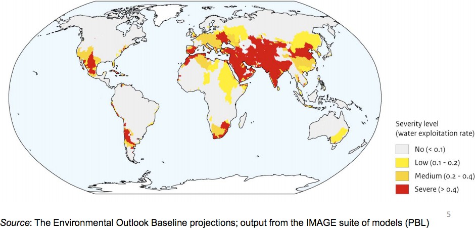 2050 projection of water stressed areas. Reproduced from the OCED <em>Water, The